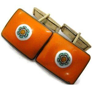 Orange Mosaic Enamel  Cufflinks Rectangle Shirt Accessories Wedding Vintage